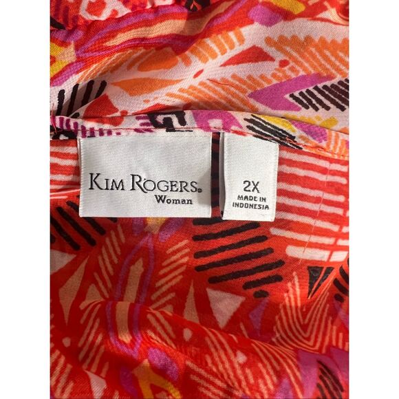 Kim Rogers Women Sheer Peasant Top Blouse Plus Size 2X Orange Multicolor Print - Picture 9 of 11